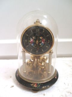 Kern German Glass Dome Anniversary Clock With Flower Pattern Face 7H 