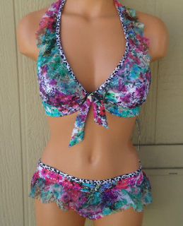 Kenneth Cole Halter Ruffle 2pc Multi Floral SMALL w Flounce Hipster 