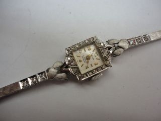 Antique Solid 14K White Gold Diamond Swiss Watch