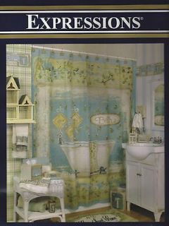   Room Shower Curtain Bathtub Liner Blue Aqua Yellow Antique Vintage