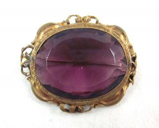 ANTIQUE VICTORIAN LARGE AMETHYST GLASS STONE BROOCH
