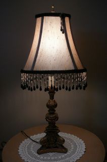 Nice Victorian type gold lamp base w/ ecru shade & black beading  23.5 