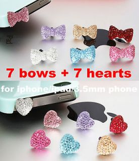 14pc Bling Bow Heart Anti Dust Proof Ear Cap Plug Cover For i Phone 