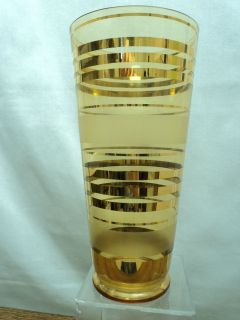 Vintage Amber Glass Vase Gold & Frost Stripes 9 Tall x 4 1/2 