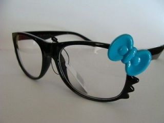 Adorable DG Black Hello Kitty Look Glasses With Whiskers and Teal Bow 