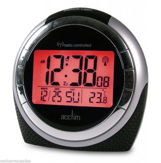 Acctim Zenith Radio Controlled Alarm Clock Silver Black 71267 Blue LCD 