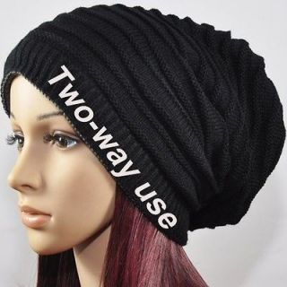 Unisex Soft Baggy Slouchy Chic Stripe Open Top Two Ways Use Beanie 