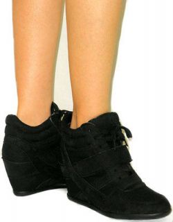   Boot*High Heel Wedge Velcro Ankle Bootie Tennis Shoe Sneakers BLACK 8