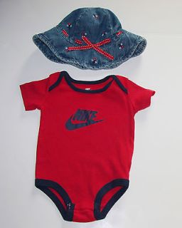   Month red bodysuit & blue denim bucket hat with red ribbon & bow