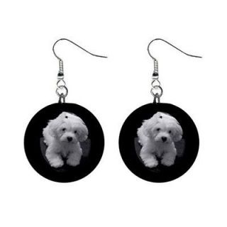 Button Earrings Maltipoo Puppy Dog White Maltese Poodle Bichon 