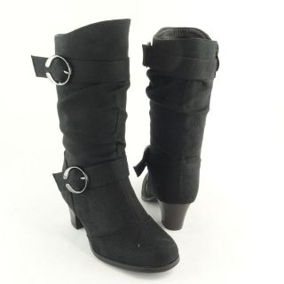 Girls Mid Calf Slouchy High Heel Boots Faux Suede Black / side zip 