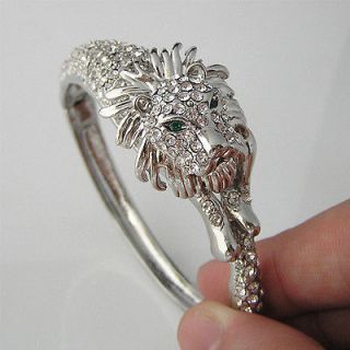 Power Lion Head Bracelet Bangle Swarovski Crystal Cuff Black Enamel 