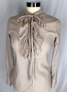   Brown Lavender Striped Blouse Shirt Ruffled Jabot String Tie Cotton