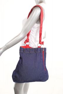 ARMANI JEANS Blue 100% Cotton DENIM Shoulder Bag W/Red Leather Straps 