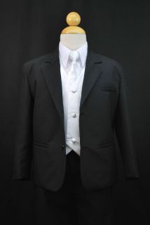 NEW Boy Formal Party Black 7pc Tuxedo Suit White Vest+Tie S M L XL 2T 