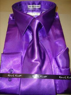 Mens Karl Knox Shiny Purple Silky Satin Formal Dress Shirt Tie & Hanky