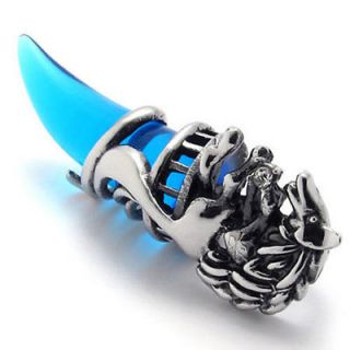 Mens Blue Silver Wolf Teeth Stainless Steel Pendant Necklace DU20635