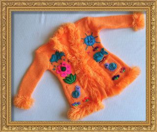 Orange Cardigan with Faux Fur Girls Sweater with Applique
