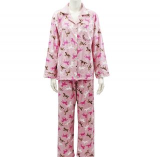   Womens Sleepwear Flannel Pajamas Set Top pants Horse Print Pink