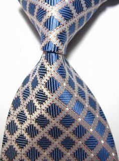   Checks Blue White Gold Jacquard Woven 100% Silk Mens Tie Necktie