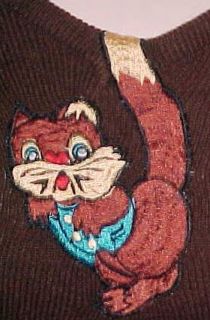 Round Neck Sweater Squirrel Applique Chocolate Brown 1960s Acrylic 