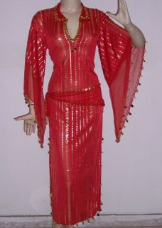   Belly Dance Baladi/Saidi Galabeya Dress Costume Red/Gold Stripes