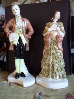 Dresden Style Antique Victorian Lady & Man Lace Ceramic Figurines