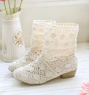 NEW Womens Shoes Lace Cowboy Boots Breathy gauze Mid Calf Boots Wedge 