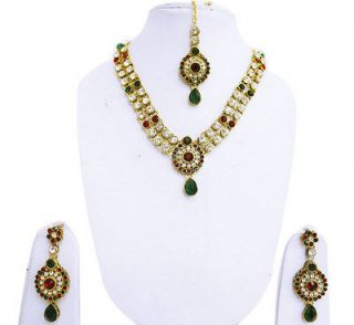 Indian Bolywood Golden Maroon Necklace Earring Tikka Set Wedding 