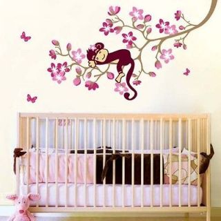 Monkey & Pink Flower Blossom Tree Reusable Wall stickers Girl Kid 