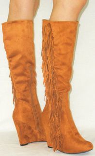 Cherokee Indian Faux Suede Wedge *Fringe Tassel* Tall Knee High Boots 