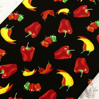 FQ   RED HOT CHILI PEPPER & PAPRIKA on BLACK 100% COTTON FABRIC DRESS 