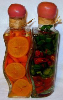 INFUSED VINEGAR/OIL Decorative Bottles w/ CHILIS, FRUIT & VEGETABLES