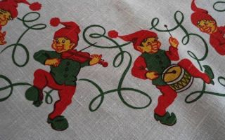 Vintage Printed Linen Christmas Tablecloth Red Musical Elves Hearts 