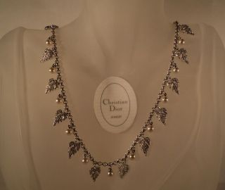 Christian Dior Rhodium Silver Plated Pave Feathers with Faux Pearls 