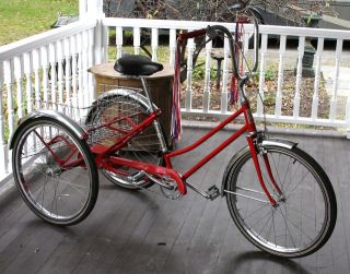   Circa 1960s RED 3 WHEEL BICYCLE   CLEAN, CHROME FENDERS, BASKET