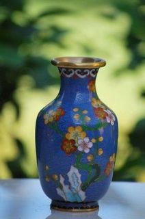 CLOISONNE Asian Oriental Vase Beautiful Blue Vibrant Floral Design