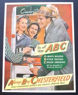 1946 Chesterfield Cigarettes & vending machine ABC vintage print ad