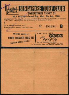 Singapore Turf Club 1960 sweepstake ticket wi Ford 105E Anglia advert 
