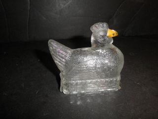 Old original Chicken on Oblong Base glass CANDY CONTAINER metal 