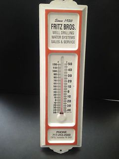 Vintage Fritz Bros. Well Drilling Water Systems Metal Thermometer 