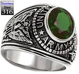 Mens Emerald Green CZ US Army Military Stainless Steel Ring