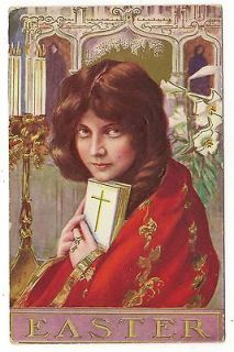 ANTIQUE EASTER POSTCARD PRETTY LADY HOLDING BIBLE CANDLES LILY FLOWERS 