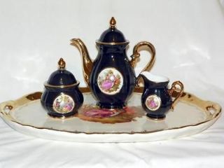 Vintage Bavarian Tea Set & Tray by J.K.W. Porcelain in Black & Gold