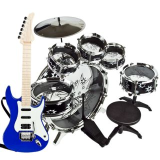 Toy Drum Set & Electric Guitar Boy Musical Instruments Stool 