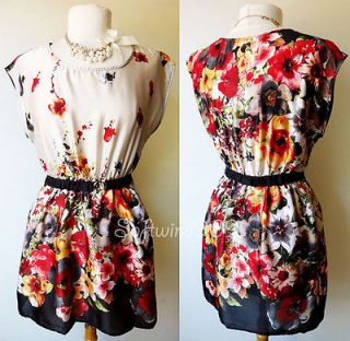   21 Vibrant Warm Multi color Floral Print Silky Smooth Dress w/ Belt