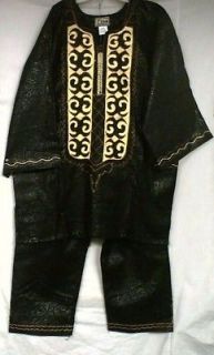 African Clothing Men 3 PCs Pant Suit Outfit Black Gold NotCom M L XL 