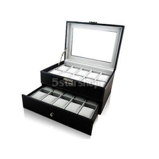 20 Black Leather Mens Watch Box Display Case Organizer Glass Top 