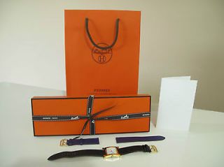 Authentic Hermes H OUR GM Watch Iris GHW with Black Croc Gator Strap 