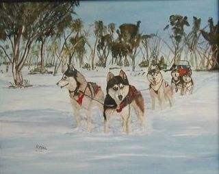 HUSKIES PULLING SLED Oil Painting 16 X 20 by Richard Mize Unframed